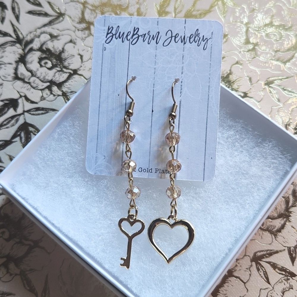 Handmade Key to My Heart Dangle Earrings 14k Gold Plated
